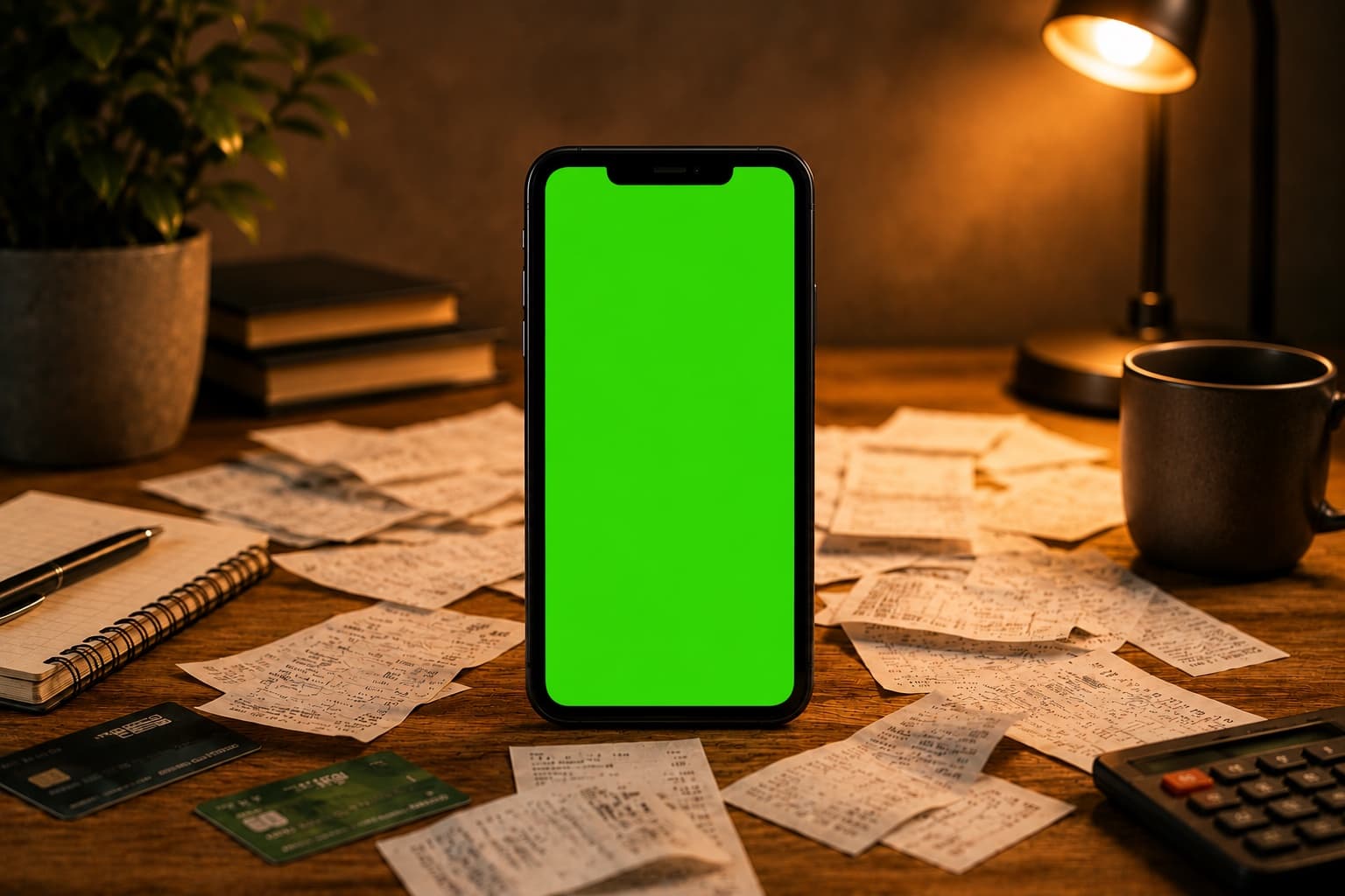 Celular do Pacto sobre a mesa cheia de recibos